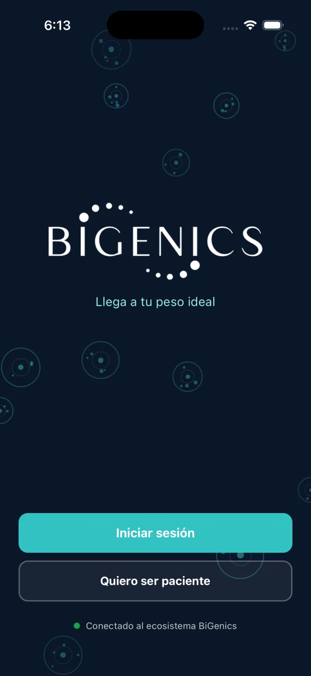 Pantalla de bienvenida de la app de BiGenics